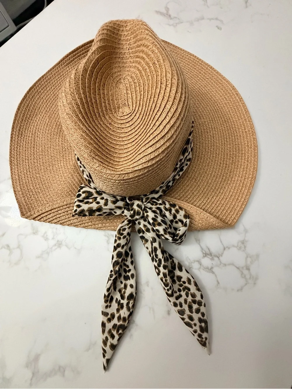 Vince Camuto Tan Straw Sun Hat with Leopard-Print Scarf